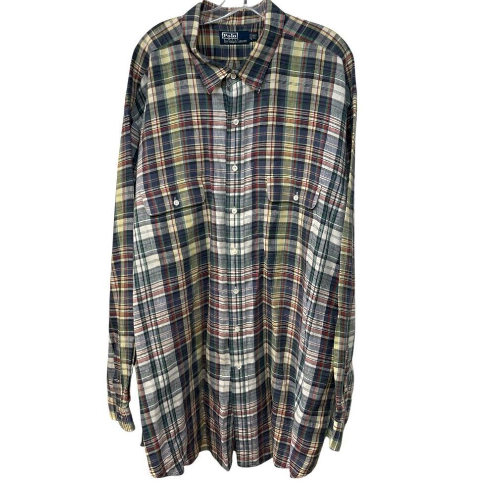Polo Ralph Lauren Linen Button Down Long Sleeve Shirt Plaid Men’s Size 3XLT Tall